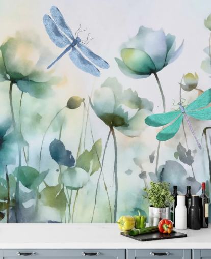 blå anpassningsbar trollslända tapetväggmålning kallad Blue Wildflower Meadow av Andrea Haase