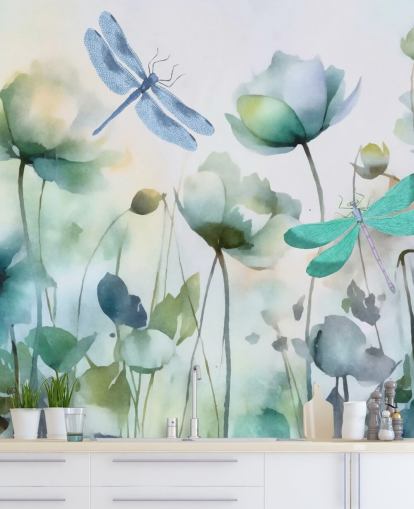 carta da parati murale personalizzabile blu con libellula chiamata Blue Wildflower Meadow di Andrea Haase