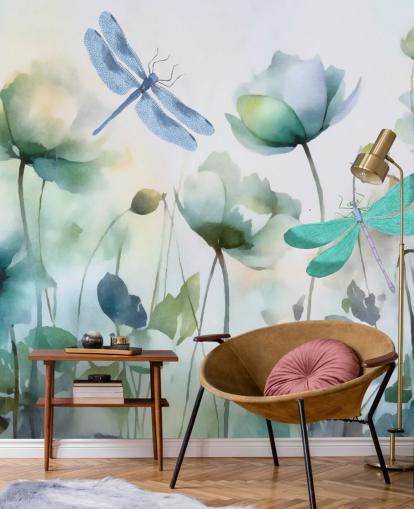blauwe aanpasbare libelle behangmuurschildering genaamd Blue Wildflower Meadow van Andrea Haase