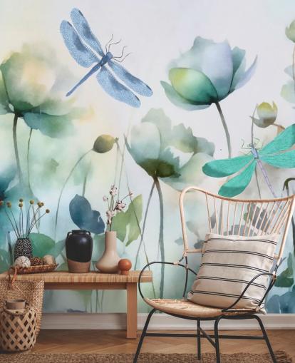 papier peint mural bleu personnalisable en forme de libellule appelé Blue Wildflower Meadow par Andrea Haase