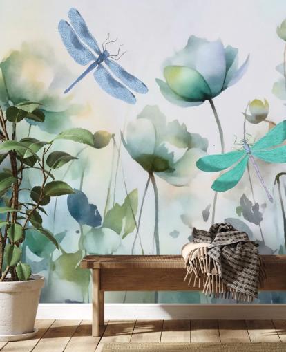 blå tilpassbar øyenstikker tapetveggmaleri kalt Blue Wildflower Meadow av Andrea Haase