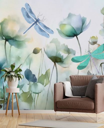 mural de papel de parede de libélula personalizável azul chamado Blue Wildflower Meadow de Andrea Haase