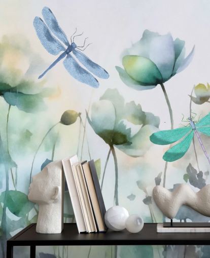 mural de papel pintado azul personalizable de libélulas llamado Blue Wildflower Meadow de Andrea Haase