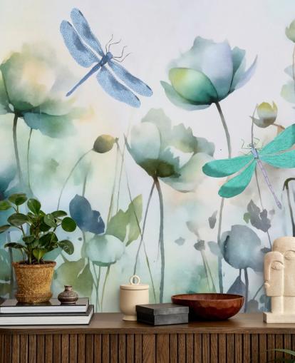 blå anpassningsbar trollslända tapetväggmålning kallad Blue Wildflower Meadow av Andrea Haase blå anpassningsbar trollslända tapetväggmålning kallad Blue Wildflower Meadow av Andrea Haase