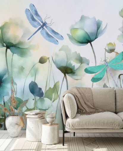papier peint mural bleu personnalisable en forme de libellule appelé Blue Wildflower Meadow par Andrea Haase