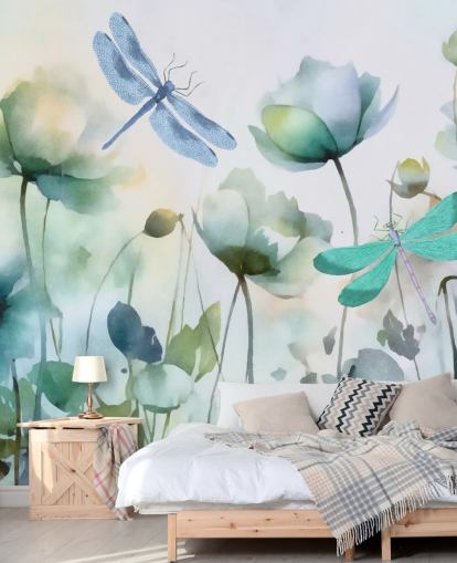 mural de papel de parede de libélula personalizável azul chamado Blue Wildflower Meadow de Andrea Haase