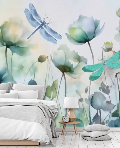 blå anpassningsbar trollslända tapetväggmålning kallad Blue Wildflower Meadow av Andrea Haase