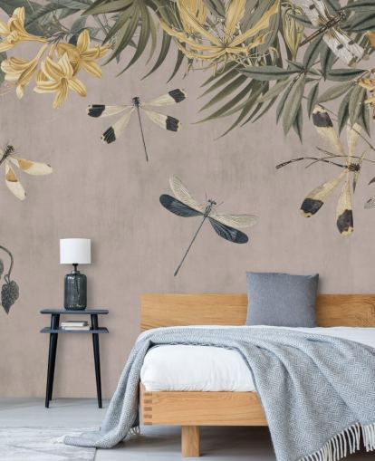 mural de papel pintado de libélulas personalizable de color beige llamado Dragonfly Flower Meadow de Andrea Haase