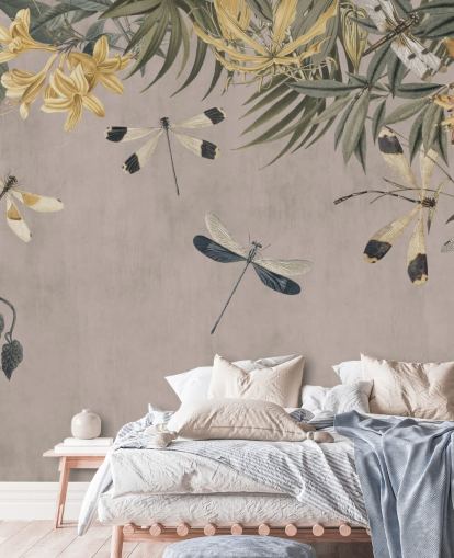 mural de papel pintado de libélulas personalizable de color beige llamado Dragonfly Flower Meadow de Andrea Haase