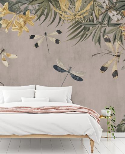 beige anpassningsbar trollslända tapetväggmålning kallad Dragonfly Flower Meadow av Andrea Haase