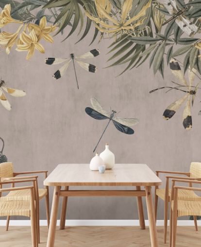 beige customizable dragonfly wallpaper mural called Dragonfly Flower Meadow by Andrea Haase