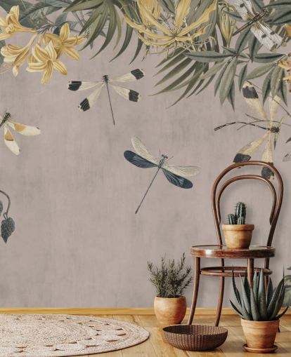 beige customisable dragonfly wallpaper mural called Dragonfly Flower Meadow by Andrea Haase