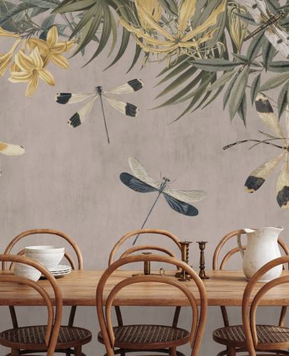 beige anpassningsbar trollslända tapetväggmålning kallad Dragonfly Flower Meadow av Andrea Haase beige anpassningsbar trollslända tapetväggmålning kallad Dragonfly Flower Meadow av Andrea Haase