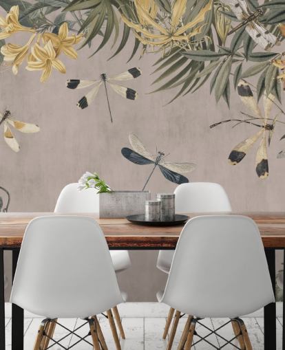 papier peint mural beige personnalisable en forme de libellule appelé Dragonfly Flower Meadow par Andrea Haase