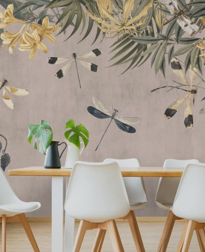 beige tilpassbart øyenstikkere tapetveggmaleri kalt Dragonfly Flower Meadow av Andrea Haase