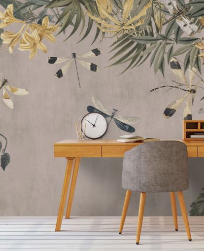 papier peint mural beige personnalisable en forme de libellule appelé Dragonfly Flower Meadow par Andrea Haase