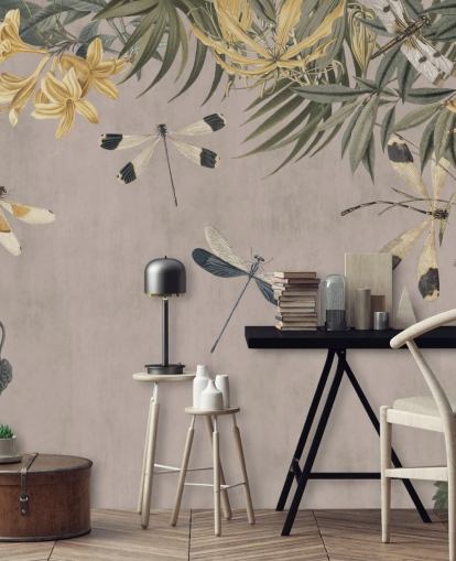 papier peint mural beige personnalisable en forme de libellule appelé Dragonfly Flower Meadow par Andrea Haase