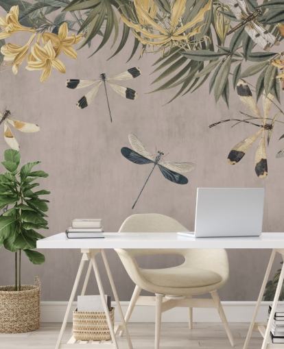beige aanpasbare libelle behangmuurschildering genaamd Dragonfly Flower Meadow van Andrea Haase