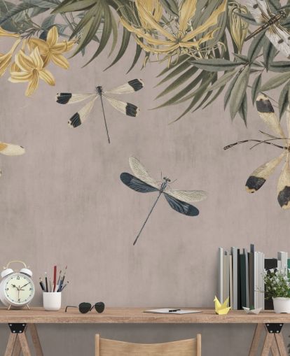 mural de papel pintado de libélulas personalizable de color beige llamado Dragonfly Flower Meadow de Andrea Haase
