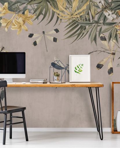 Beiges personalisierbares Libellentapeten-Wandbild namens Dragonfly Flower Meadow von Andrea Haase