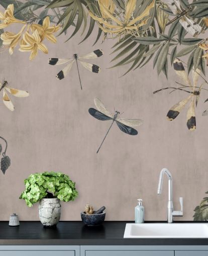 beige customisable dragonfly wallpaper mural called Dragonfly Flower Meadow by Andrea Haase