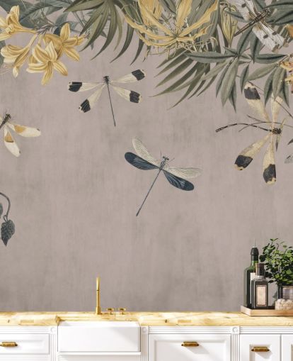 beige customisable dragonfly wallpaper mural called Dragonfly Flower Meadow by Andrea Haase