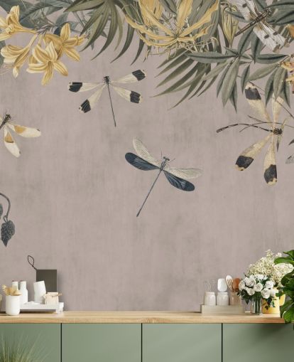 Beiges personalisierbares Libellentapeten-Wandbild namens Dragonfly Flower Meadow von Andrea Haase Beiges personalisierbares Libellentapeten-Wandbild namens Dragonfly Flower Meadow von Andrea Haase