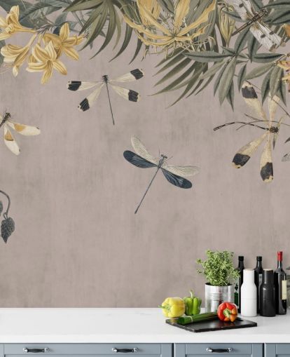 beige anpassningsbar trollslända tapetväggmålning kallad Dragonfly Flower Meadow av Andrea Haase