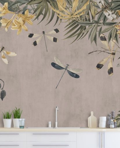 beige customizable dragonfly wallpaper mural called Dragonfly Flower Meadow by Andrea Haase