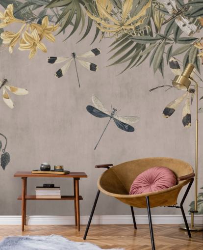 mural de papel pintado de libélulas personalizable de color beige llamado Dragonfly Flower Meadow de Andrea Haase