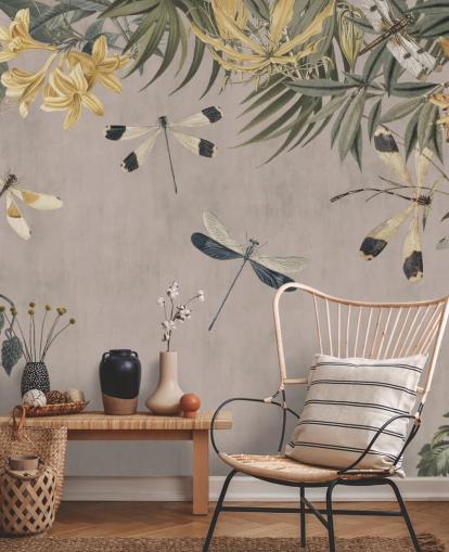 beige customizable dragonfly wallpaper mural called Dragonfly Flower Meadow by Andrea Haase