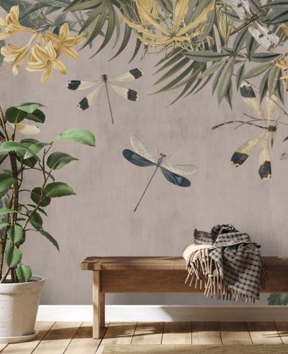 carta da parati murale beige personalizzabile con libellule chiamata Dragonfly Flower Meadow di Andrea Haase