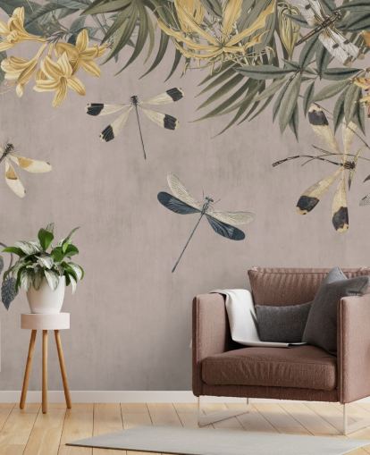 papier peint mural beige personnalisable en forme de libellule appelé Dragonfly Flower Meadow par Andrea Haase