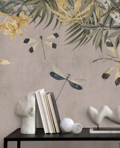 beige customisable dragonfly wallpaper mural called Dragonfly Flower Meadow by Andrea Haase