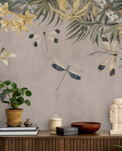 beige customisable dragonfly wallpaper mural called Dragonfly Flower Meadow by Andrea Haase