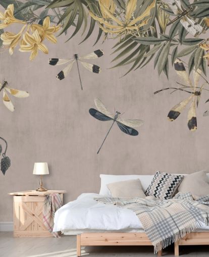 beige customisable dragonfly wallpaper mural called Dragonfly Flower Meadow by Andrea Haase
