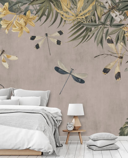 beige customizable dragonfly wallpaper mural called Dragonfly Flower Meadow by Andrea Haase