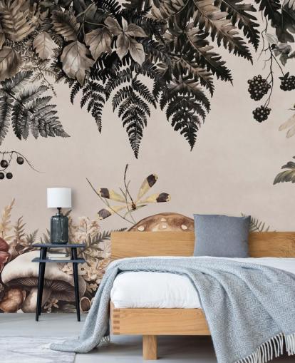 mural de papel de parede de floresta de cogumelos personalizável chamado Fern Forest Mushrooms de Andrea Haase