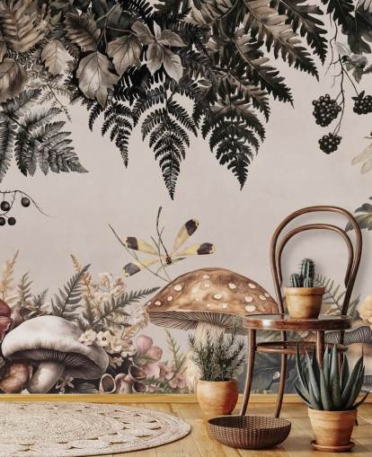aanpasbare muurschildering met paddenstoelenbos genaamd Fern Forest Mushrooms van Andrea Haase