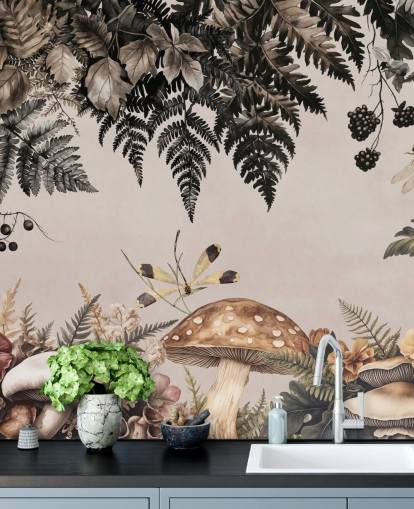customisable mushroom forest wallpaper mural called Fern Forest Mushrooms by Andrea Haase