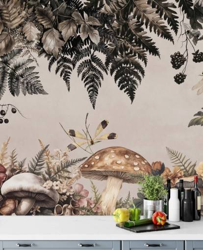 mural de papel pintado personalizable de un bosque de hongos llamado Fern Forest Mushrooms de Andrea Haase