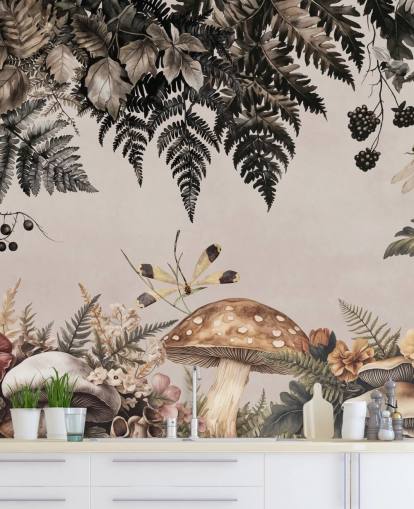 mural de papel pintado personalizable de un bosque de hongos llamado Fern Forest Mushrooms de Andrea Haase