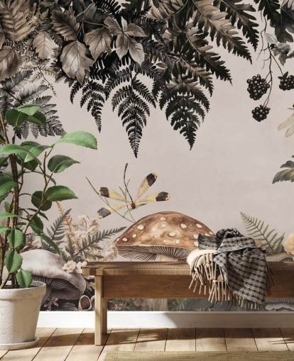 mural de papel de parede de floresta de cogumelos personalizável chamado Fern Forest Mushrooms de Andrea Haase