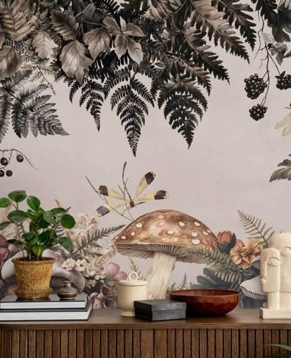 customisable mushroom forest wallpaper mural called Fern Forest Mushrooms by Andrea Haase
