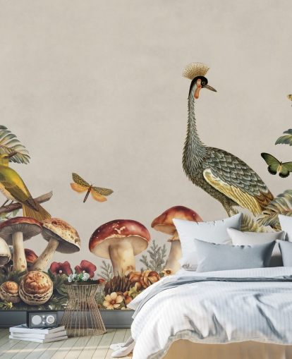 carta da parati murale personalizzabile con funghi chiamata Mushroom Forest Crane di Andrea Haase