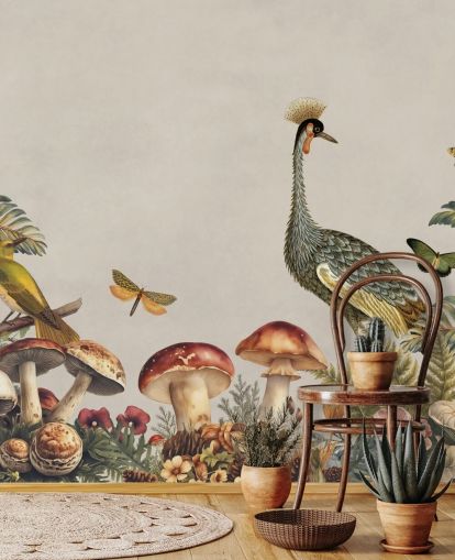 tilpassbart sopptapet veggmaleri kalt Mushroom Forest Crane av Andrea Haase