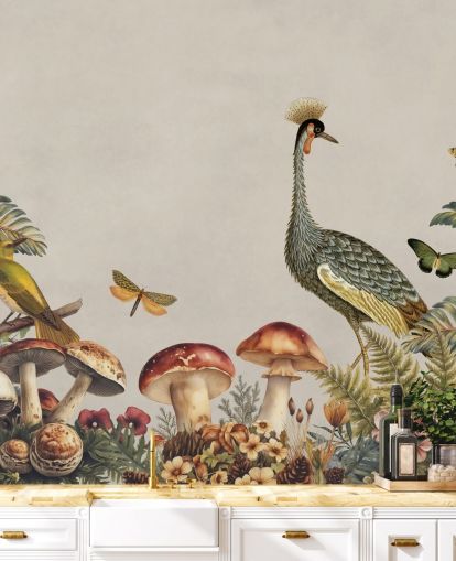 papier peint mural personnalisable en forme de champignons appelé Mushroom Forest Crane par Andrea Haase