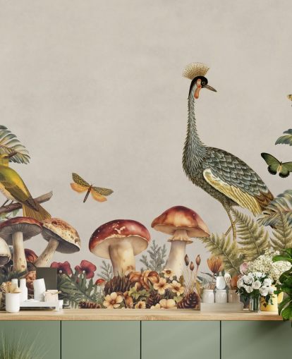 customisable mushroom wallpaper mural called Mushroom Forest Crane by Andrea Haase customisable mushroom wallpaper mural called Mushroom Forest Crane by Andrea Haase
