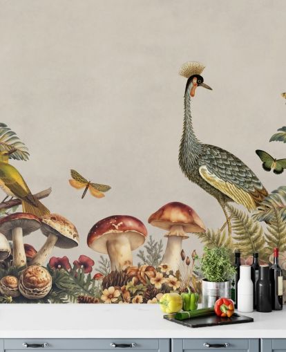 carta da parati murale personalizzabile con funghi chiamata Mushroom Forest Crane di Andrea Haase