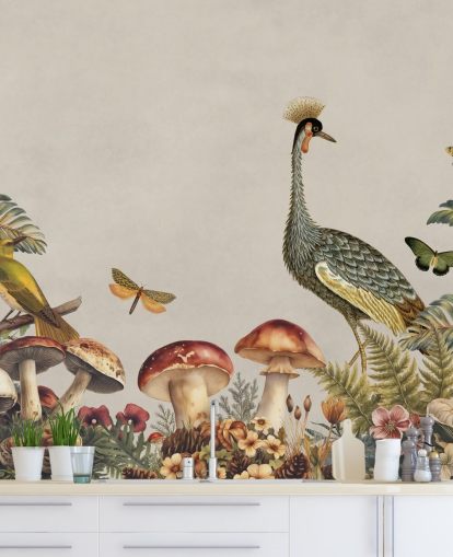 tilpassbart sopptapet veggmaleri kalt Mushroom Forest Crane av Andrea Haase